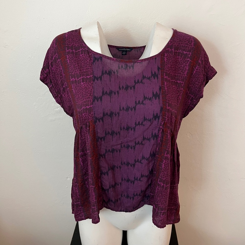 American Eagle Purple Animal Print Empire Waist Blouse Top Small Boho Burgundy